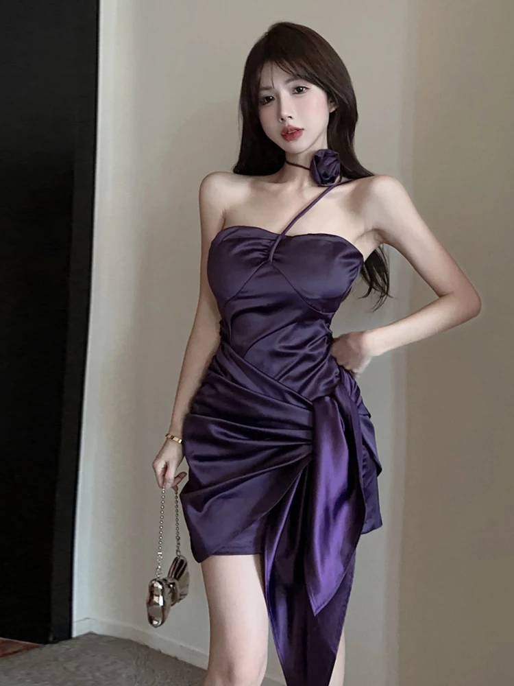 

Sexy Sweet ort Satin Dr with Floral Ne Design Hing Waist And Butt Skirt for Young Women in Their 20s Summer Wear