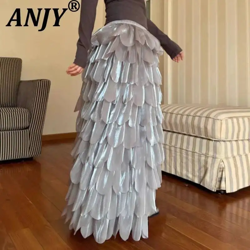 

ANJY Spring Summer New Women French Style Pearly Lustre Feathers Tierred Design Elastic Waist Skirt Elegant Trendy Skirts A23270