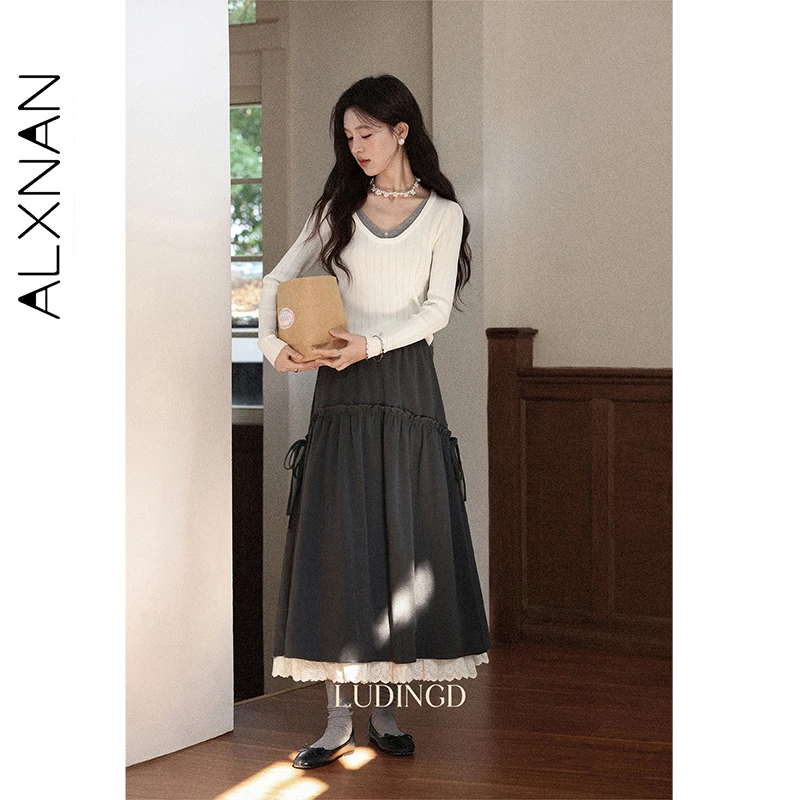 

ALXNAN женские трикотажные топы, новинка 2025 года, ложный двухсекционный пуловер с v-образным вырезом и длинными рукавами, ажурный дизайн, повседневные пригородные топы L57219