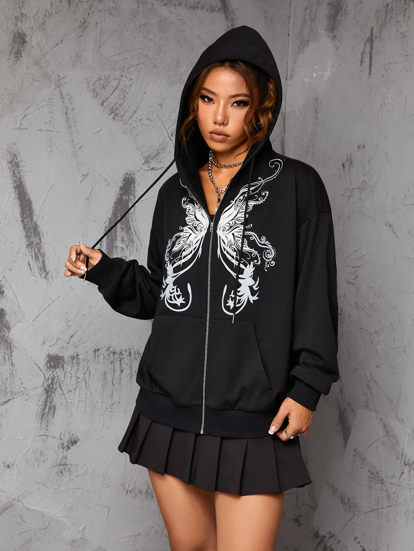 Bold Shade Dark Fairy Grunge Butterfly Autumn Hoodies Mall Gothic Zip-up Female Sweatshirts Y2k Black Kangaroo Pocket Cardigans