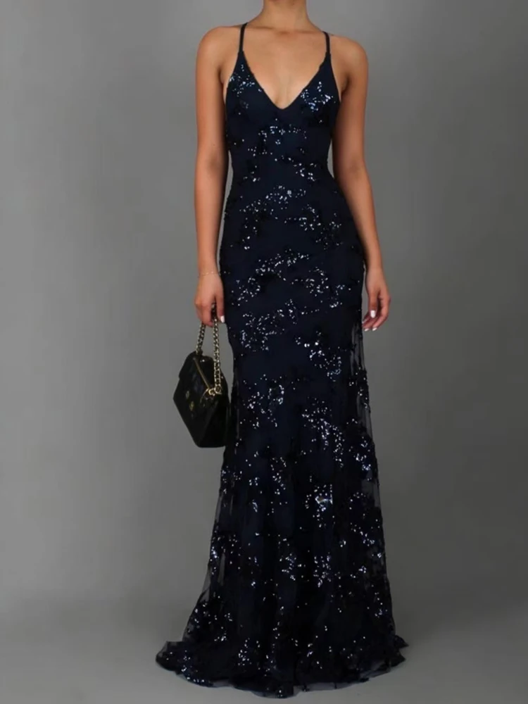 

Легкое роскошное платье с пайетками на тонких бретелях, весеннее женское платье без рукавов с открытой спиной, осеннее платье с завышенной талией, облегающее, в пол