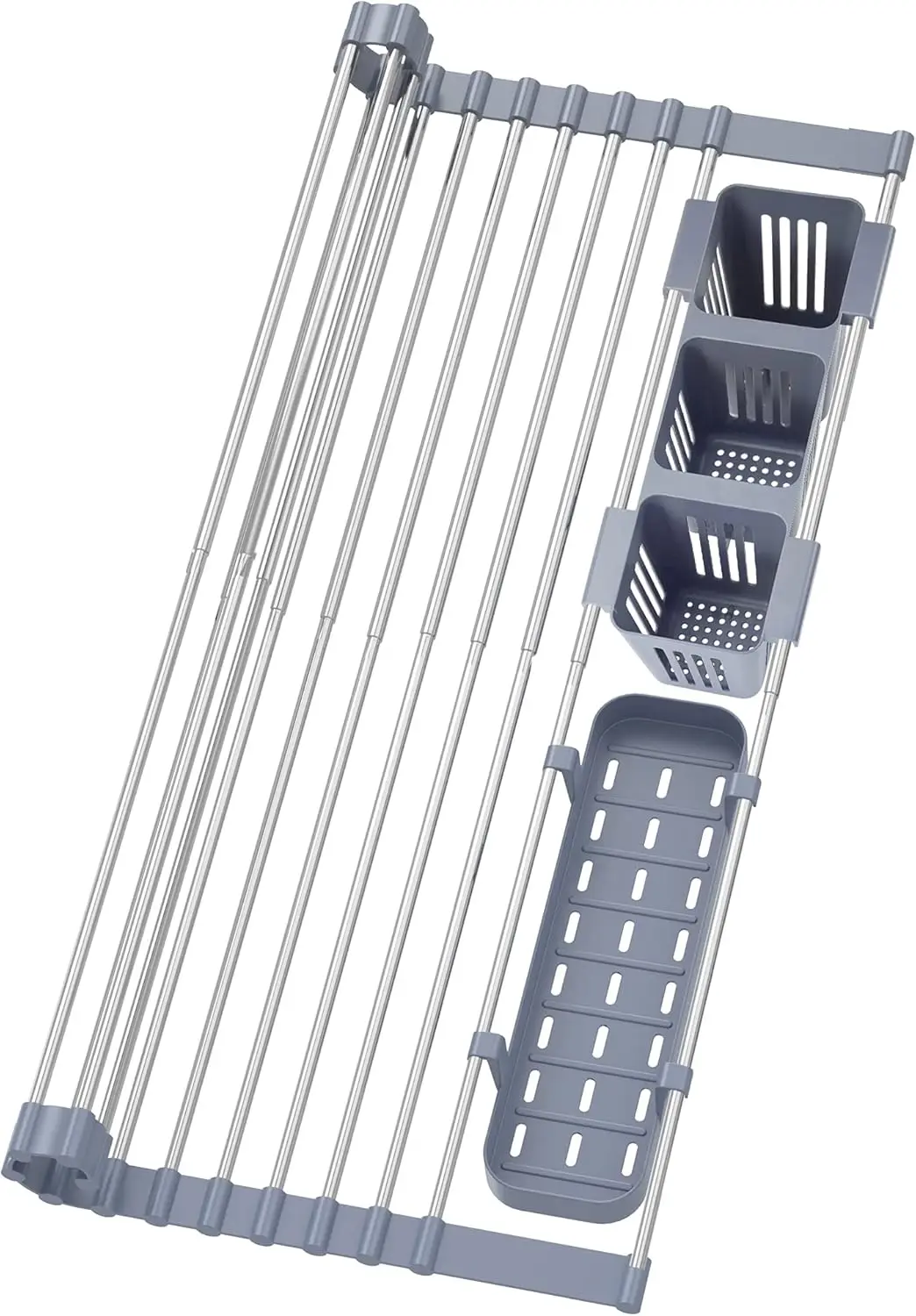 

Expandable Roll-Up Dish Drying Rack Up to 22.8'', with 2 Baskets, Over-the-Sink Foldable Rollable Drainer