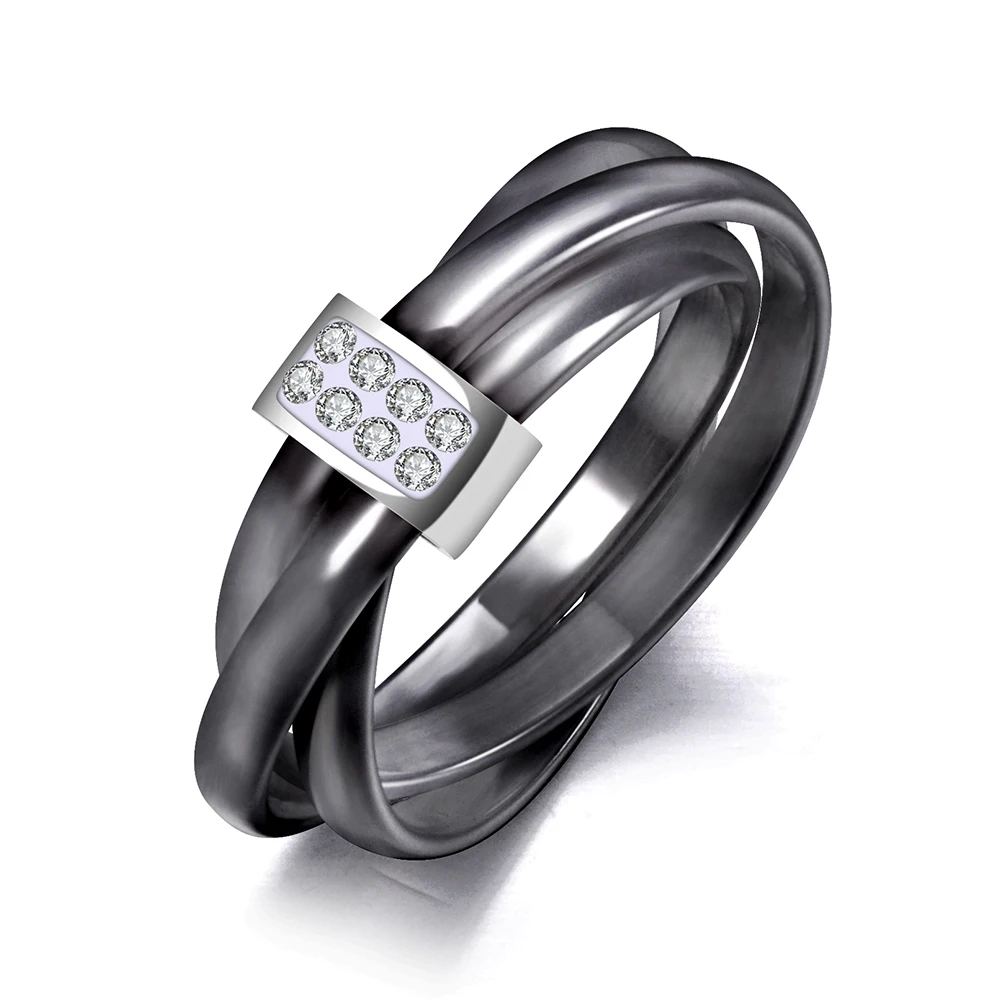 ZooMango 3 Layers Black/White Ceramic Crystal Wedding Rings Jewelry Rose Gold Color Stainless Steel Rhinestone Ring ZR19066