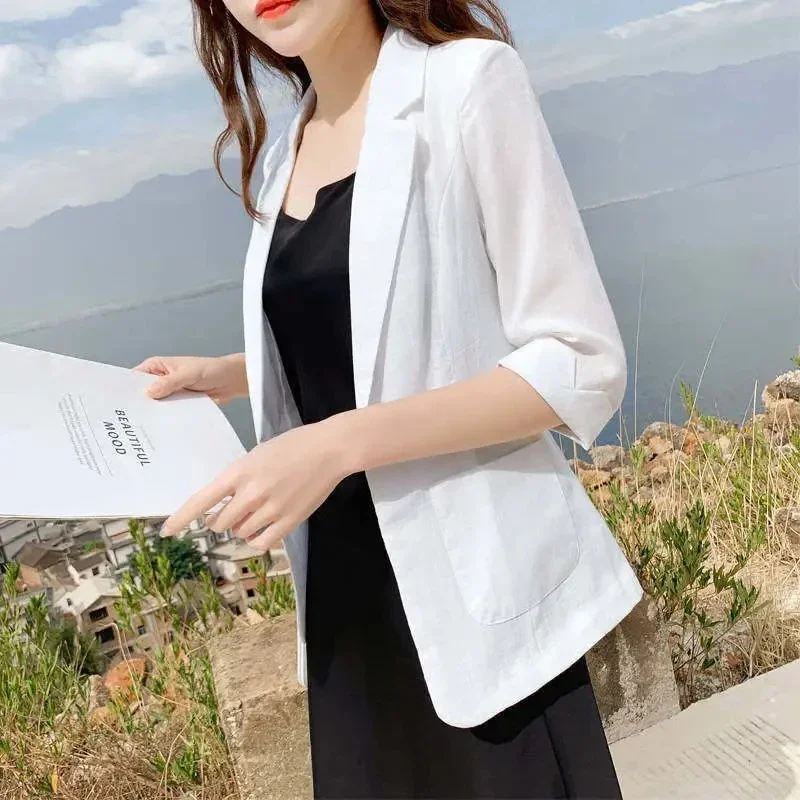 Linen Small Suit Women's Jacket Thin Blazer Coat 2024 Summer Cotton Linen Sunscreen Clothing Korean Casual Blazers Coat Tops 5XL