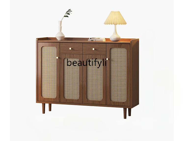 Retro rattan shoe cabinet household solid wood porch cabinet integrated corridor outer locker seat