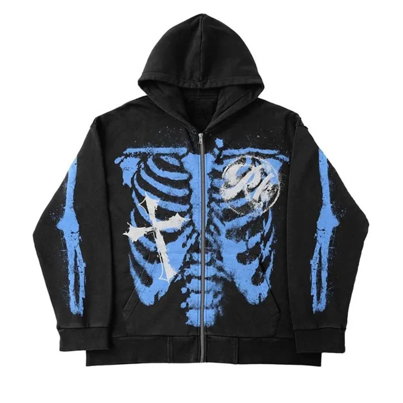 2023 Autumn New Men\'s Fashion Zip Hoodie Skull Print Vintage Aesthetic Top Oversized Top Crop Gothic Street y2k Clothing