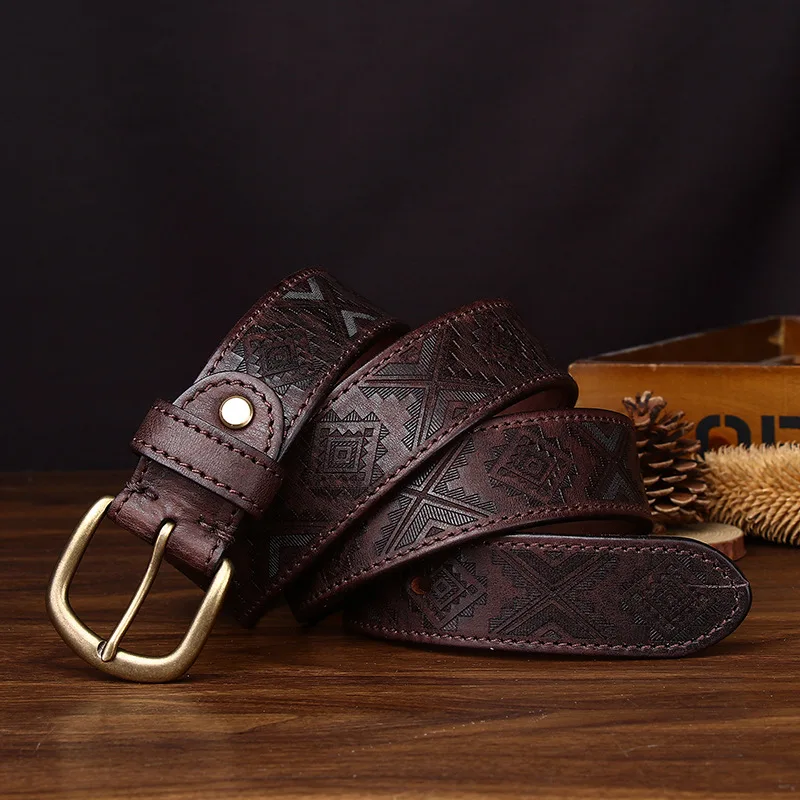 Man New Style Retro Thickened Cowhide Laser Engraved Pattern Belt, Men's Genuine Leather Copper Buckle Casual Jeans Strap Belts