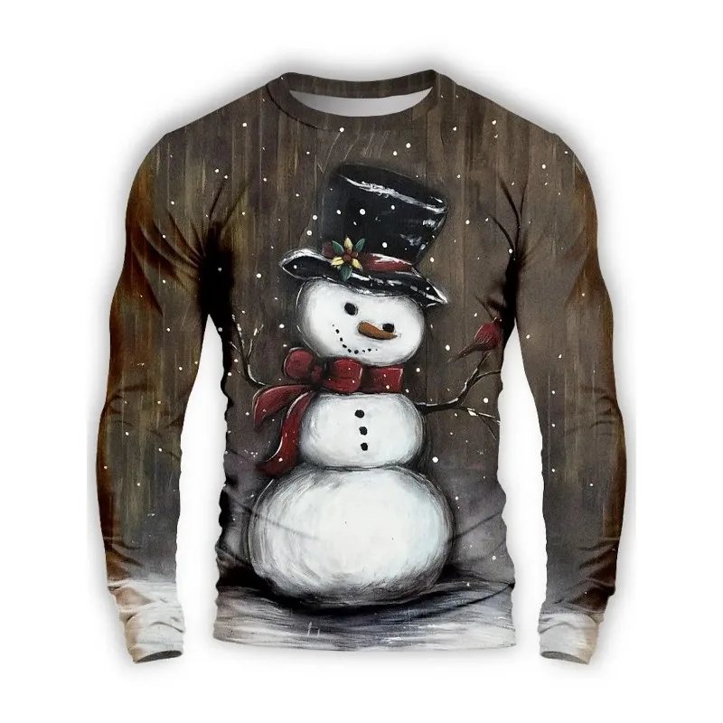 عيد الميلاد الرجال تي شيرت ثلاثية الأبعاد طباعة الأيائل/ثلج الرسومات عادية كم طويل طاقم الرقبة قميص الربيع والخريف الملابس الرسم #4