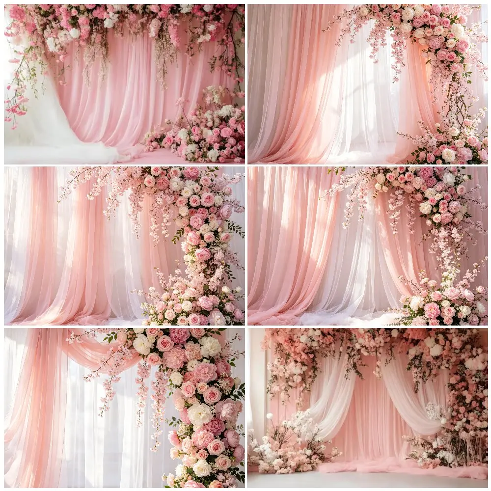 

Pink Floral Sheer Curtain Backdrop Romantic Flower Wedding Ceremony Photo Background for Bridal Shower Birthday Party Photoshoot