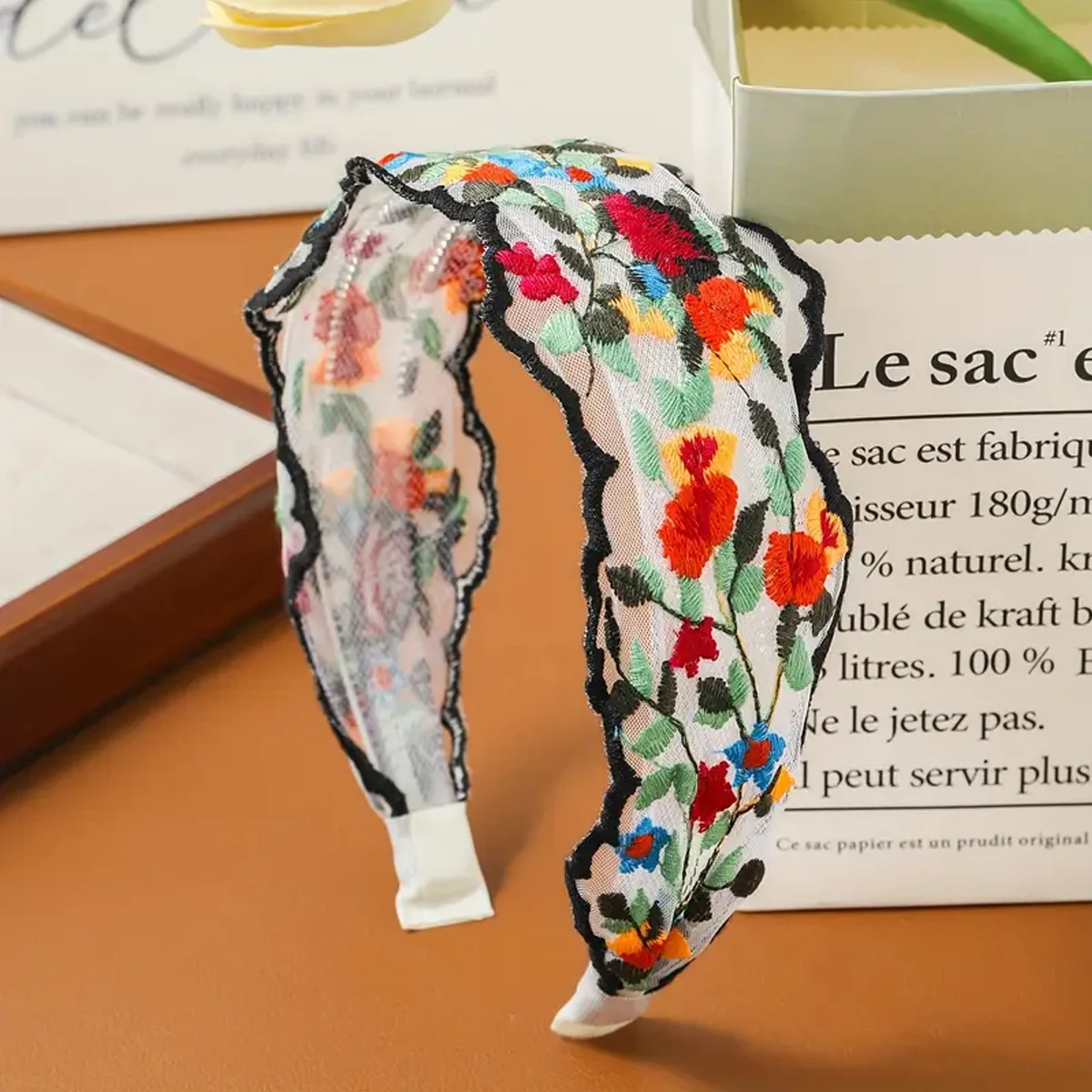 1pc Sommer Stickerei Blume Stirnband Mesh Ethnischen Stil Floral Stoff Breiten Rand Hohe Schädel Stirnband Süße Böhmischen Stil stirnband – Detail 4