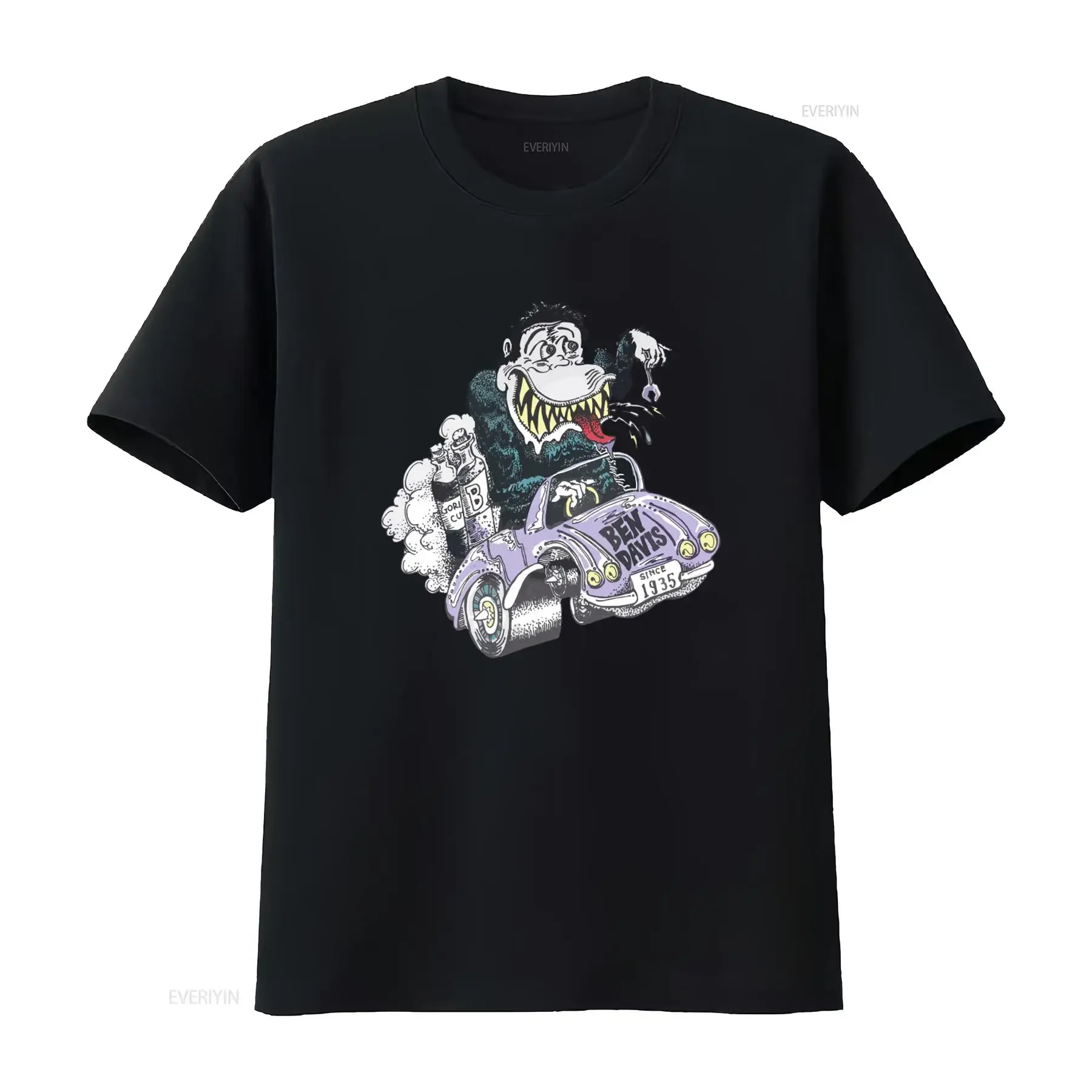 Camiseta Masculina Ben Davis Clássica com Estampa de Carro e Gorila, Algodão Branco, Pequena, Vintage, Lavada, Elástica, Confortável, Casual