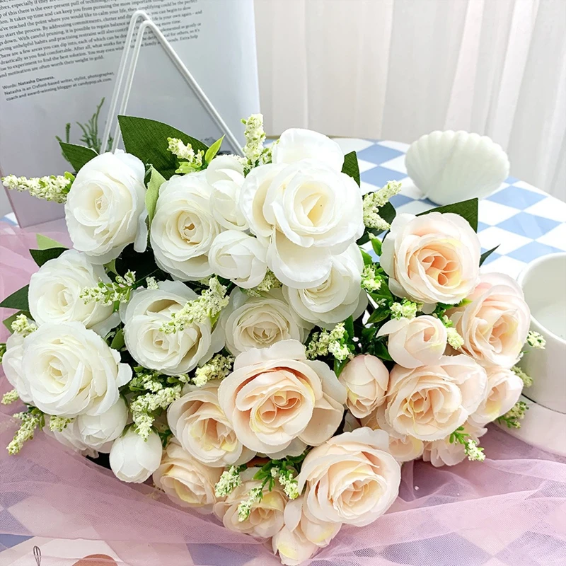 Artificial Flower New Bouquet European-style Rose High-Grade Fake Bouquet For Brides Wedding Decoration Room Flower Art