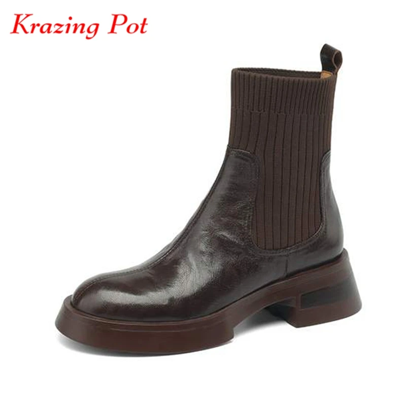 

Krazing Pot Vintage Sheep Leather Round Toe Winter Warm Chelsea Boots Med Heels Slip On Superstar Knitwear Elastic Ankle Boots