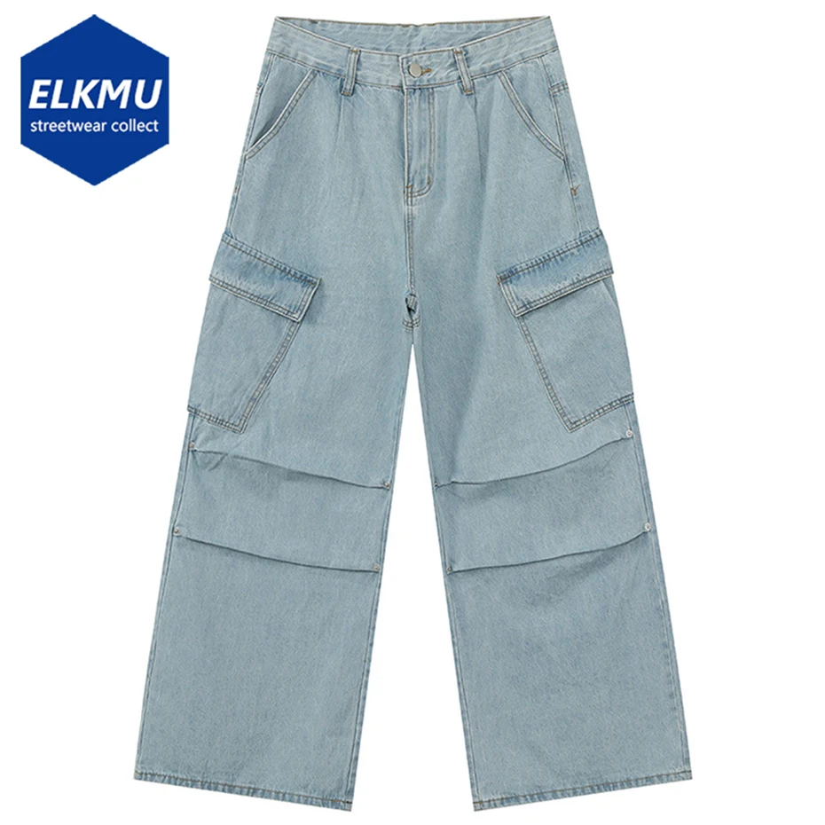 

Vintage Baggy Jeans Pleated Patchwork Blue Loose Straight Denim Pants Side Pockets Cargo Jeans Unisex Casual Jeans