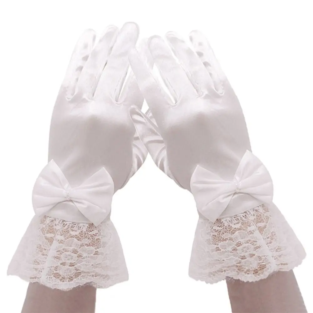 

Creative White Children's Wedding Gloves Bow Knot Glossy Satin Lace Gloves Elastic Short Dance Gloves Birthday Party