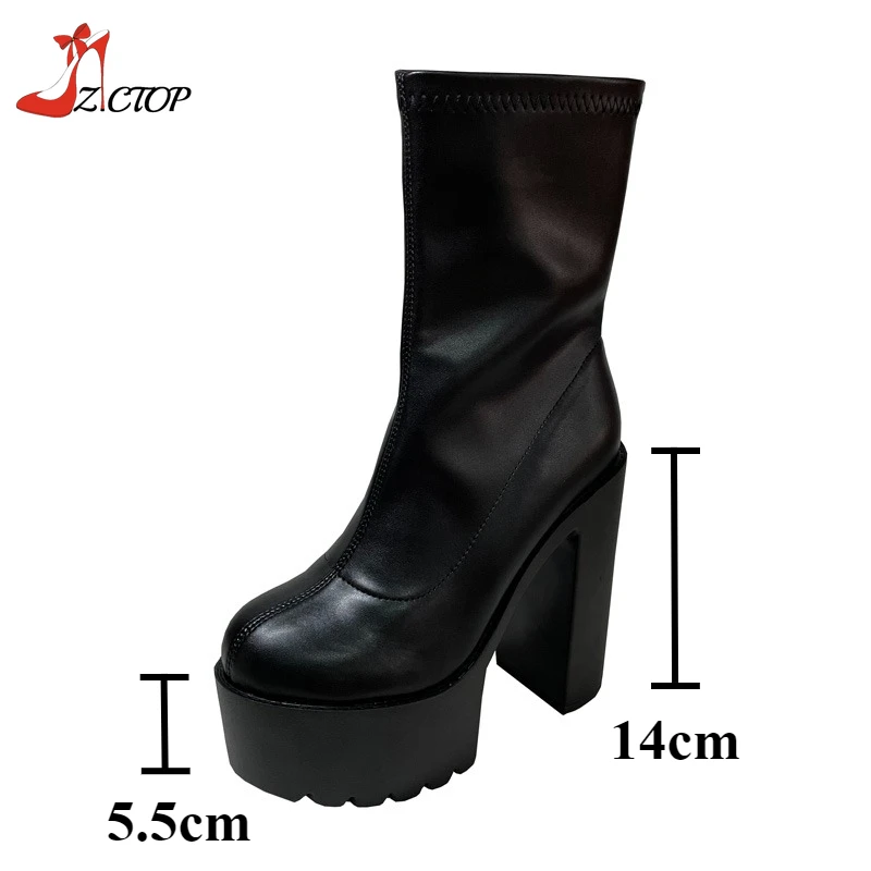 14 سنتيمتر عالية الكعب المرأة منصة منتصف العجل الأحذية الكاحل الجانب سستة دراجة نارية الكاحل الجوارب موضة الأسود فاسق الأحذية #6