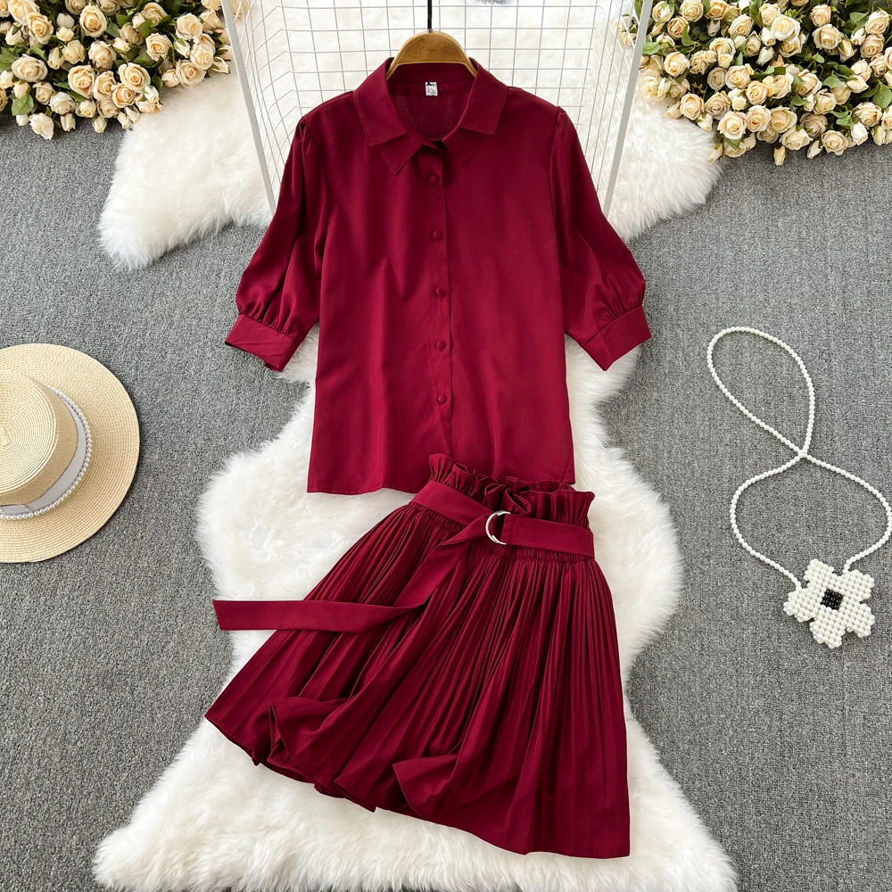 Fashion Set Women's Casual POLO Collar Single Breasted Three Quarter Sleeve Shirt Two-piece High Waisted Pleated Skirt Korean