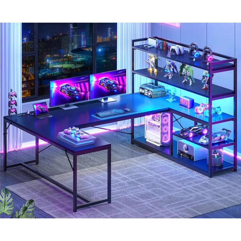L Shaped Gaming Desk, 63'' Reversible Computer Desk with Power Outlet and Storage Shelves, Corner Gaming Desk with LED Lights, B