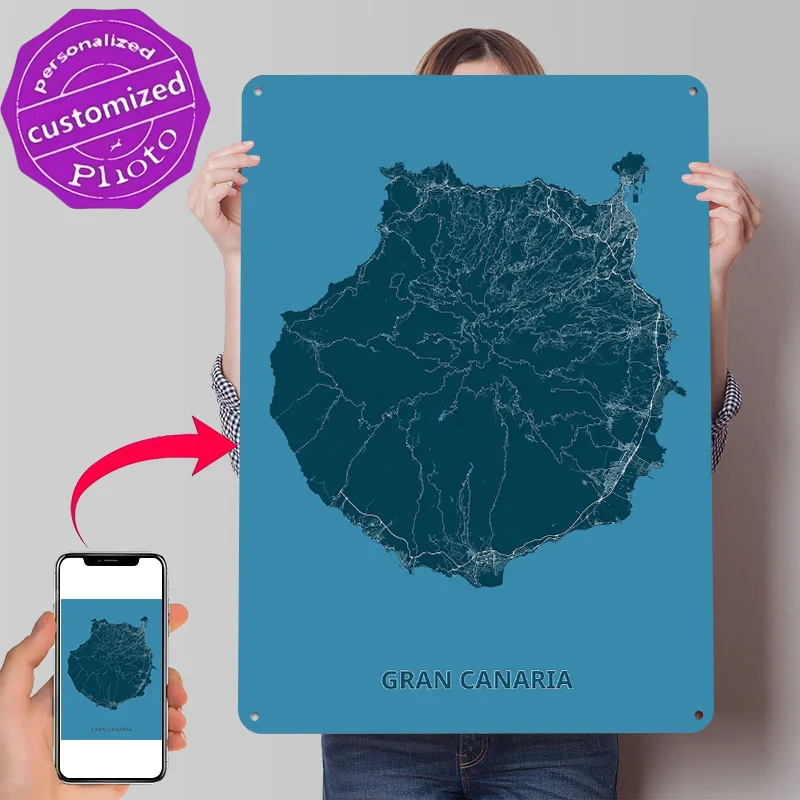 Gran Canaria Island Map Poster Retro 3D Printed Metal Signs Customized Wall Hanging Gift for Interior Accessories Office Decor