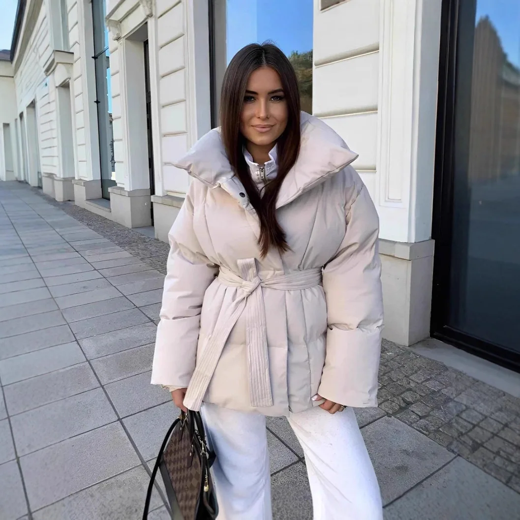 Zekye Down Jacket Warm Waist-cinching Long-sleeve Tied-waist Loose Solid-color Fashionable Women's Winter Jacket Lightweight
