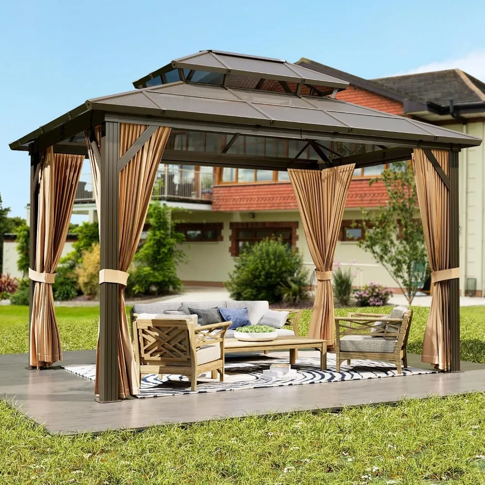 

10'x13' Hardtop Gazebo, Outdoor Polycarbonate Double Roof Canopy, Aluminum Frame Permanent Pavilion with Curtains and Netting, S