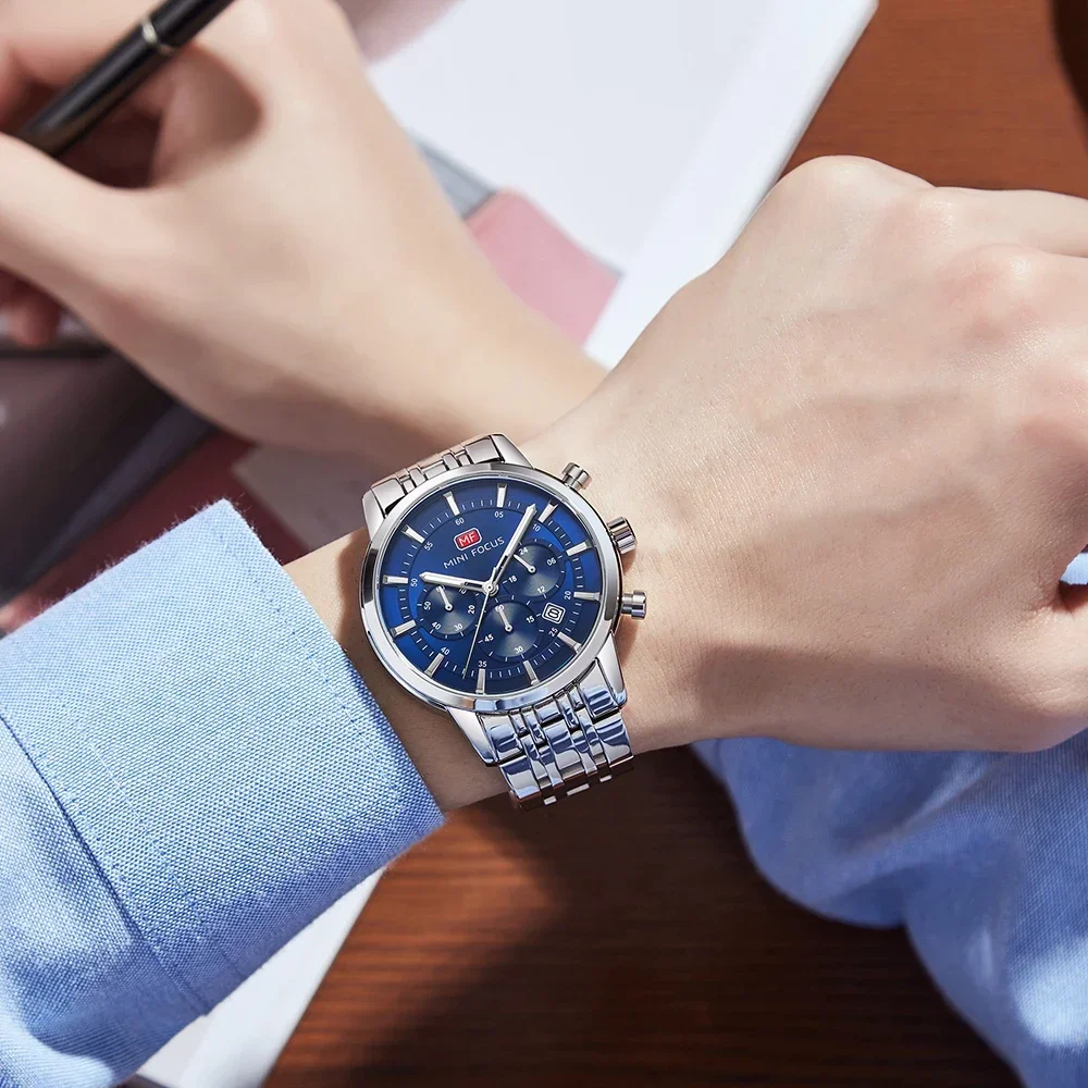 MINI FOCUS 0282G Men Business Chronograph Quartz Watch Stainless Steel Male Clock Men‘s Waterproof Watches Relogio Masculino