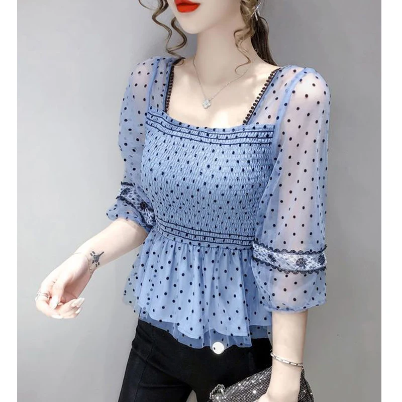 Women Korean Fashion Polka Dot Print Ruffle Blouse Sexy See Through Mesh Lace Patchwork Shirt Square Collar Half Sleeve Slim Top