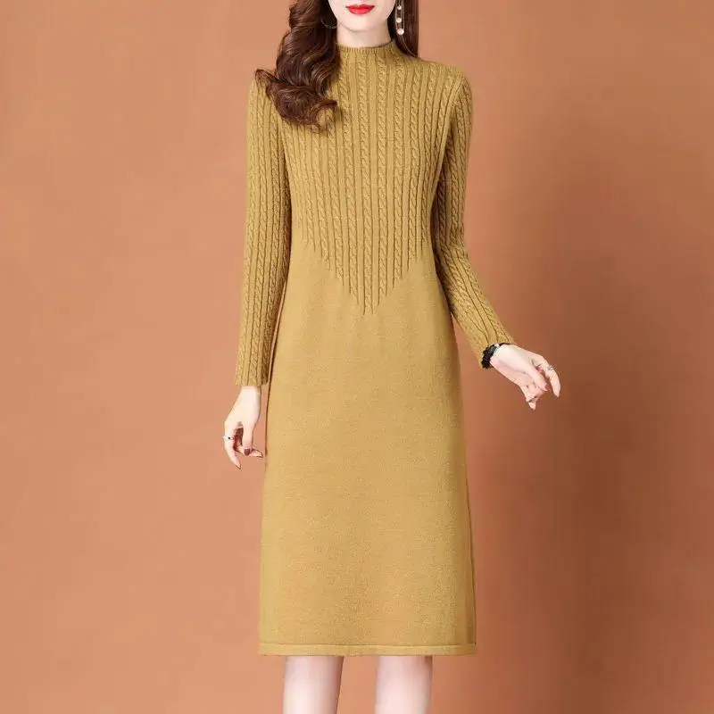 High End New Pullovers Half Turtleneck Long Sleeve Knitwear Middle-Long Bottoming Dress Autumn Winter Warm Knitted Sweater Women