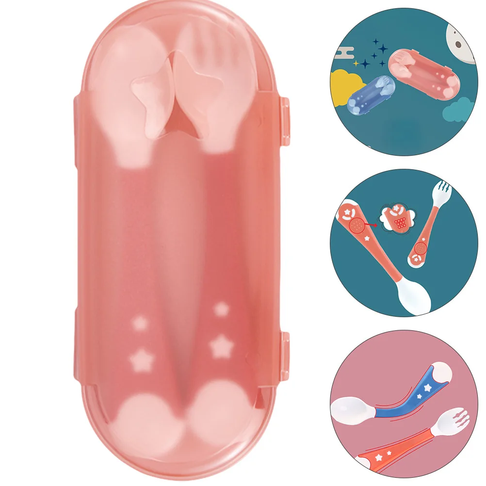 

2 pcs Baby Feeding Spoon Set Flexible Fork Spoon For Toddlers Star Print Pp Material Non Slip Design Feeding