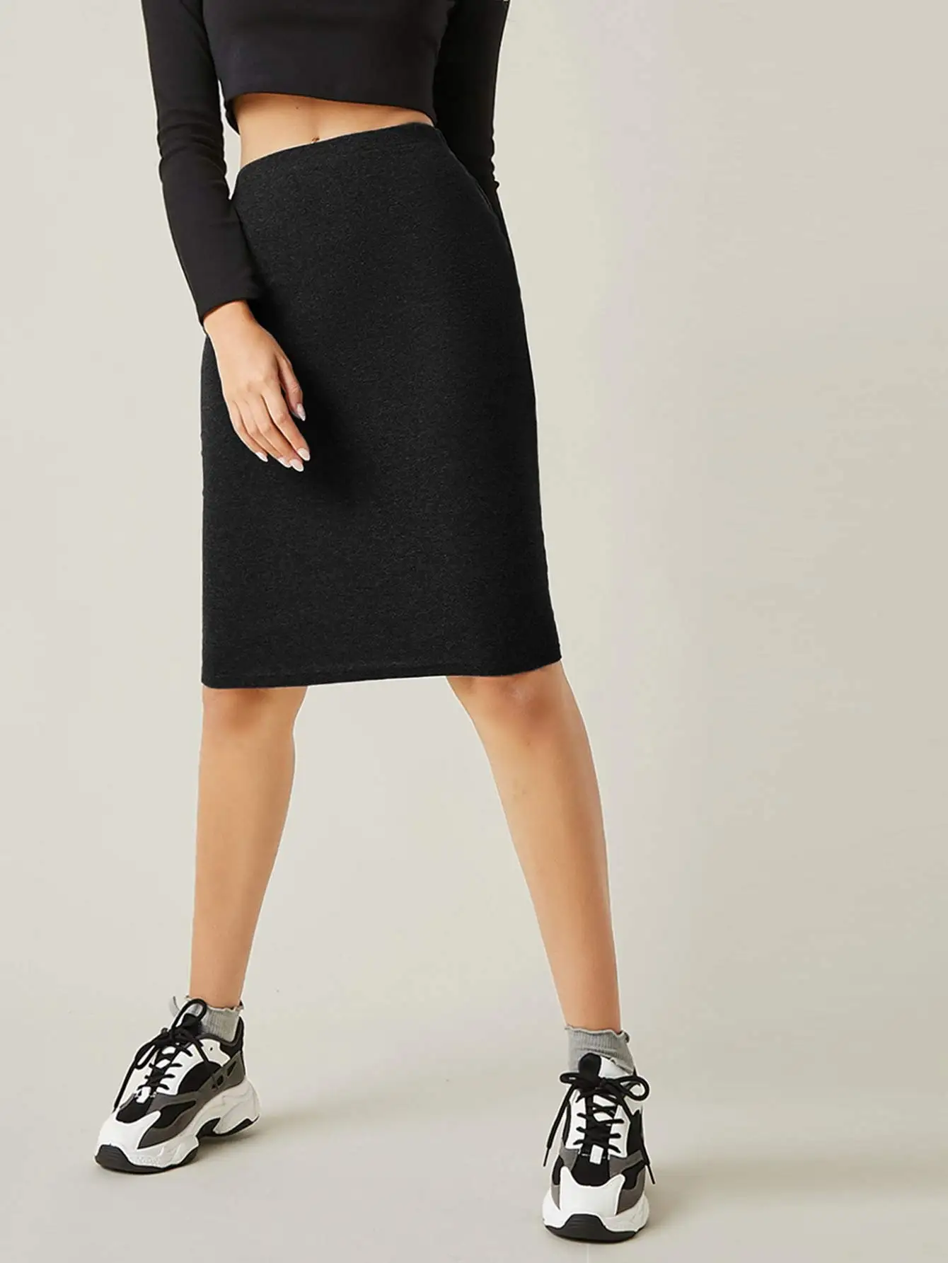 Women's High Waist Black Bodycon Midi Skirt Stretchy Pencil Skirt for Casual Daily Wear