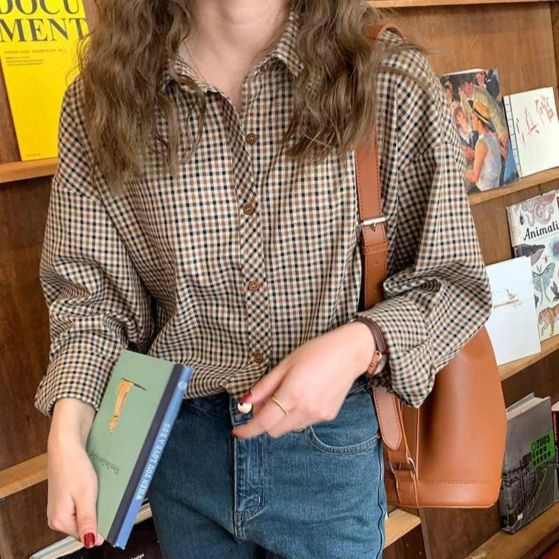 Shirts Frauen Vintage Baggy Stilvolle Plaid Streetwear Frühling Herbst Koreanischen Stil Alle-spiel Ästhetischen Elegante Kausalen Feminno Blusas