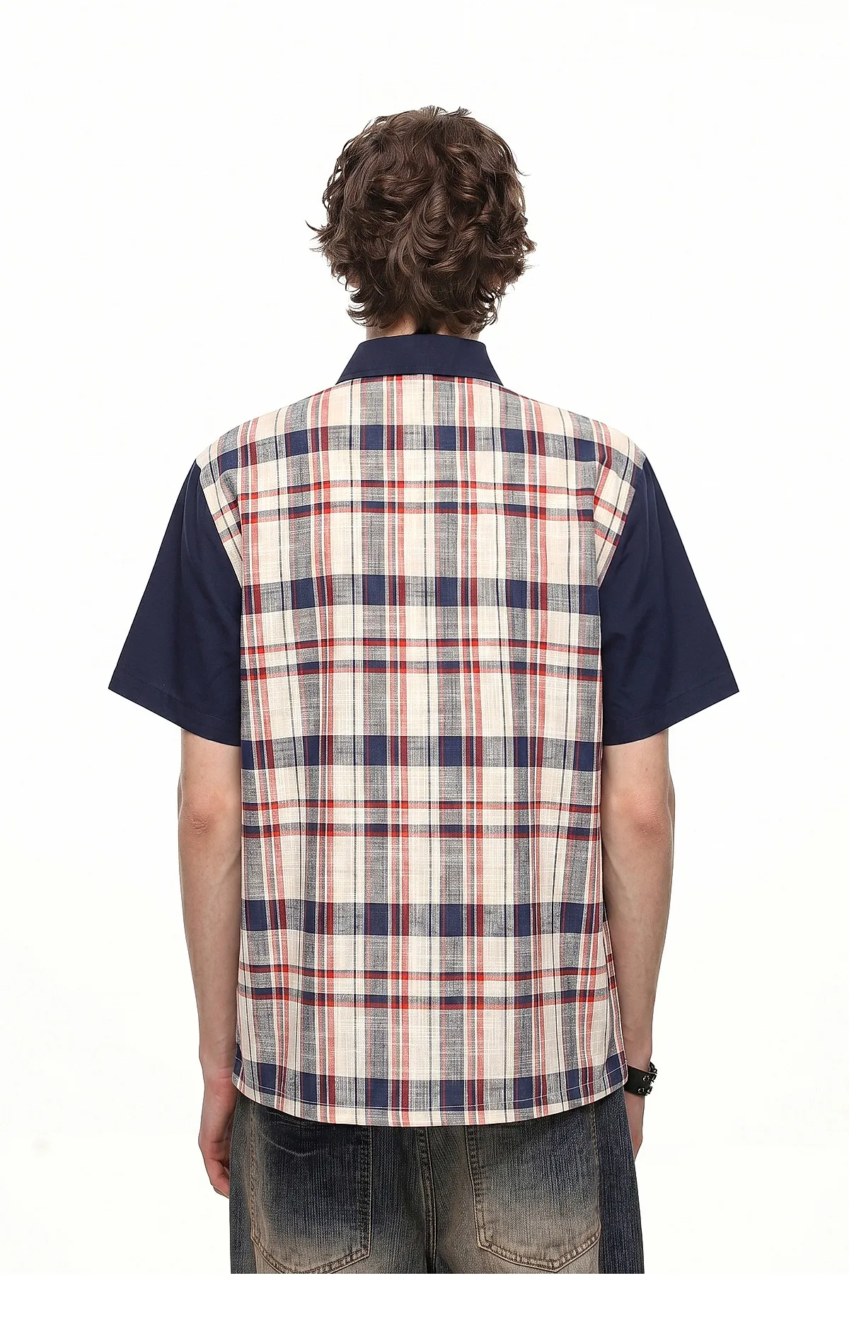 Summer American Vintage Red Color Block Plaid Short Sleeve Shirt Men Letter Print Oversized Blue Patchwork Collar Blouse