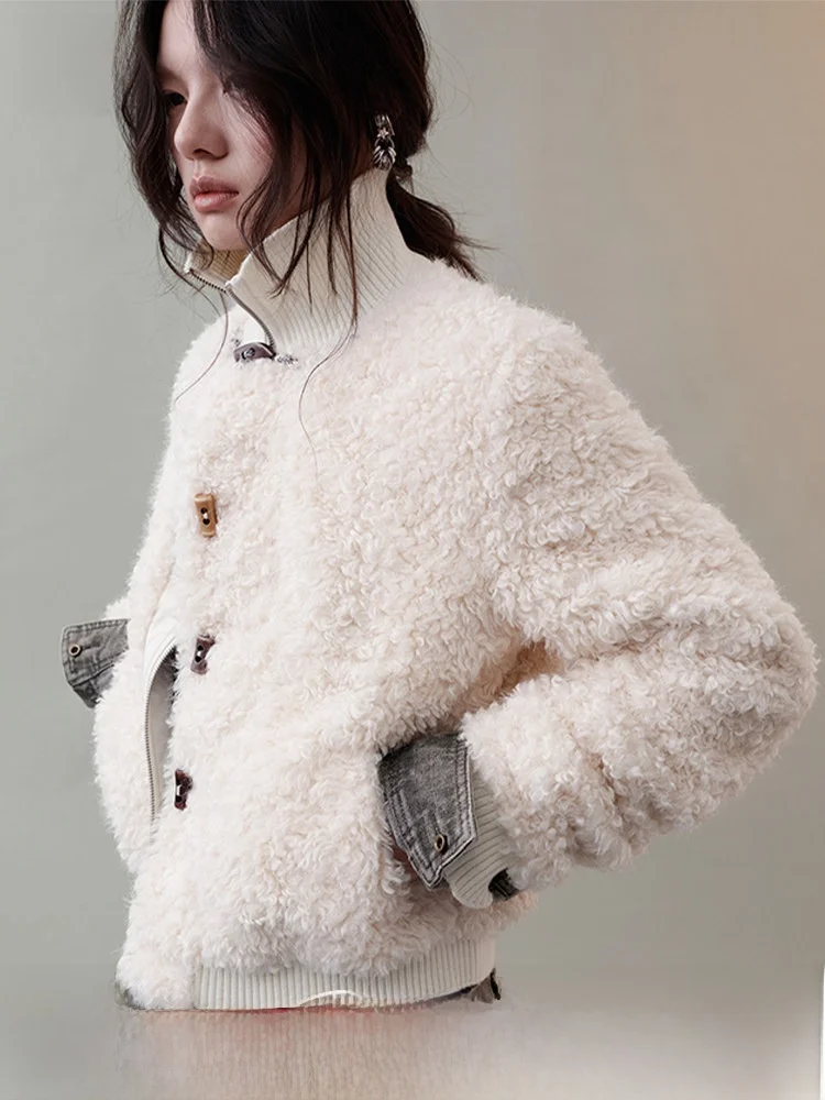 

Genesis Velvet Reconstructed 2025 Early Autumn Braided Button Splicing Stand Collar Fur ort Jaet Women's Casual Sle Hig...