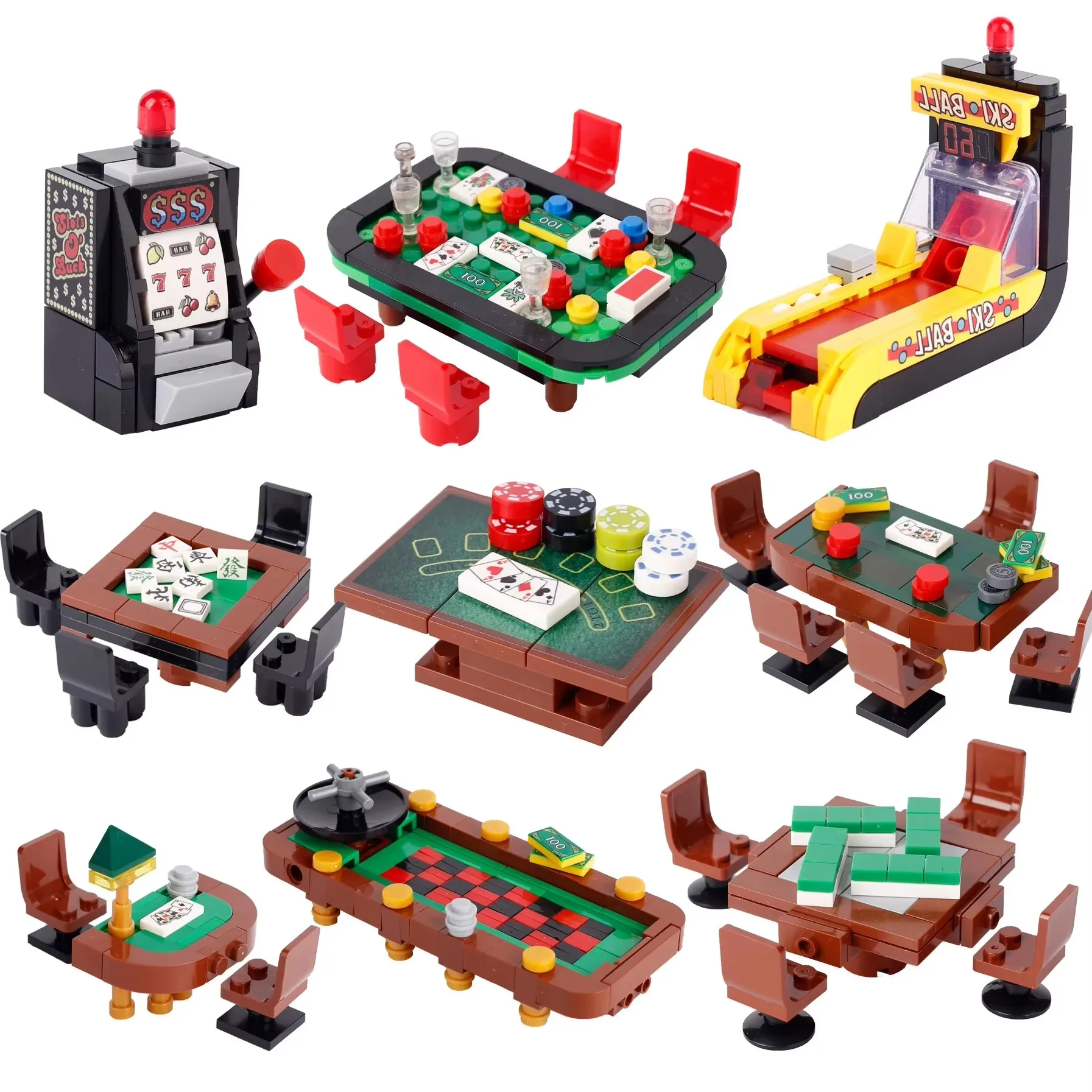 MOC City Poker Table Building Blocks Slots Ski Ball Game Console Chess Cards Room Scene Bricks Toys Gift