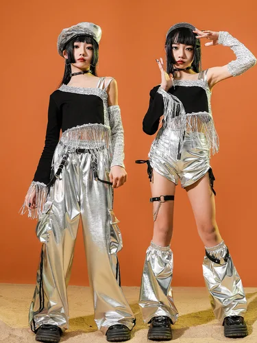 Imagen 2 del producto Traje de baile de Jazz para niños, conjunto de Tops cortos con borlas plateadas para niñas, disfraz de actuación de baile callejero de Hip Hop