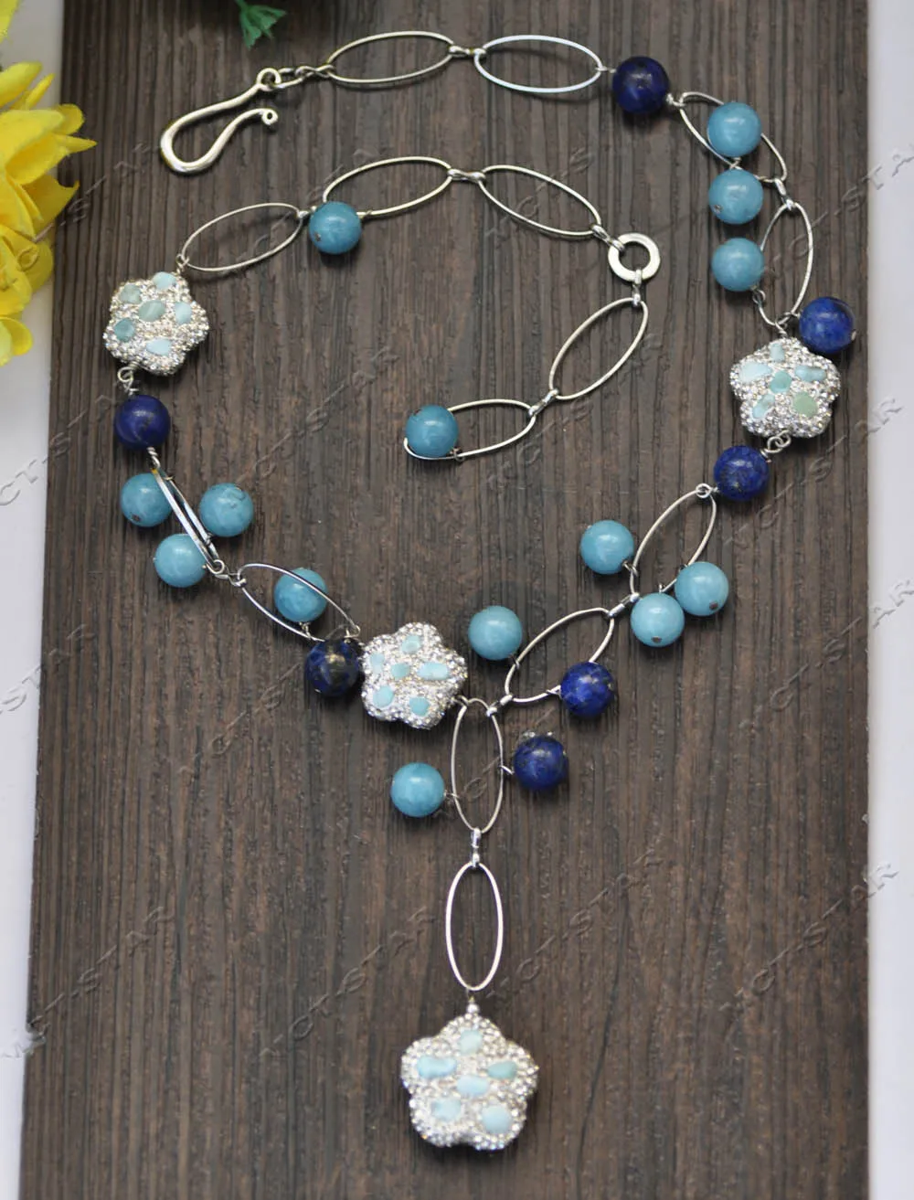 

MTC·STAR Set 21'' Blue Aquamarine Flower Round Lapis Lazuli CZ Chain Necklace Pendant Bracelet Earring (Z13224 )