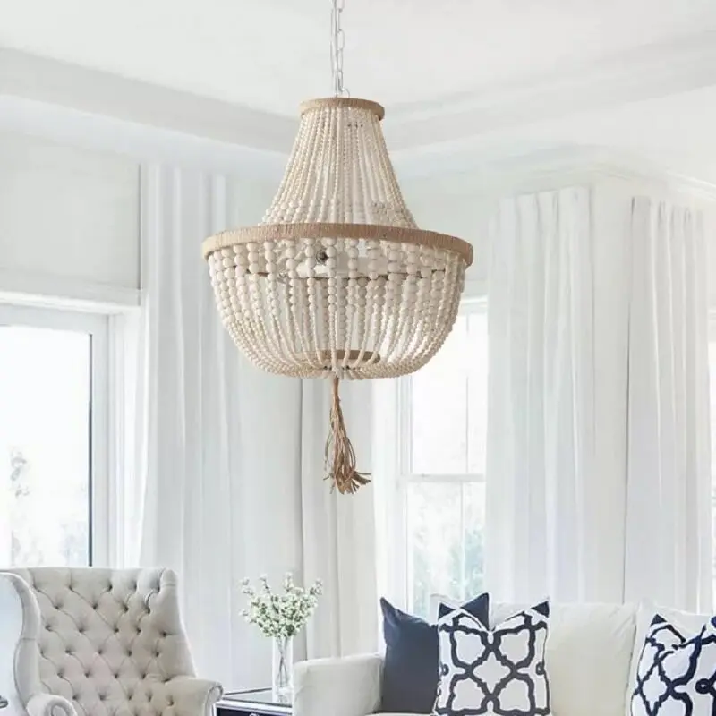 American retro villa princess children's bedroom chandelier folk living room dining room attic wood color wood beads hemp rope