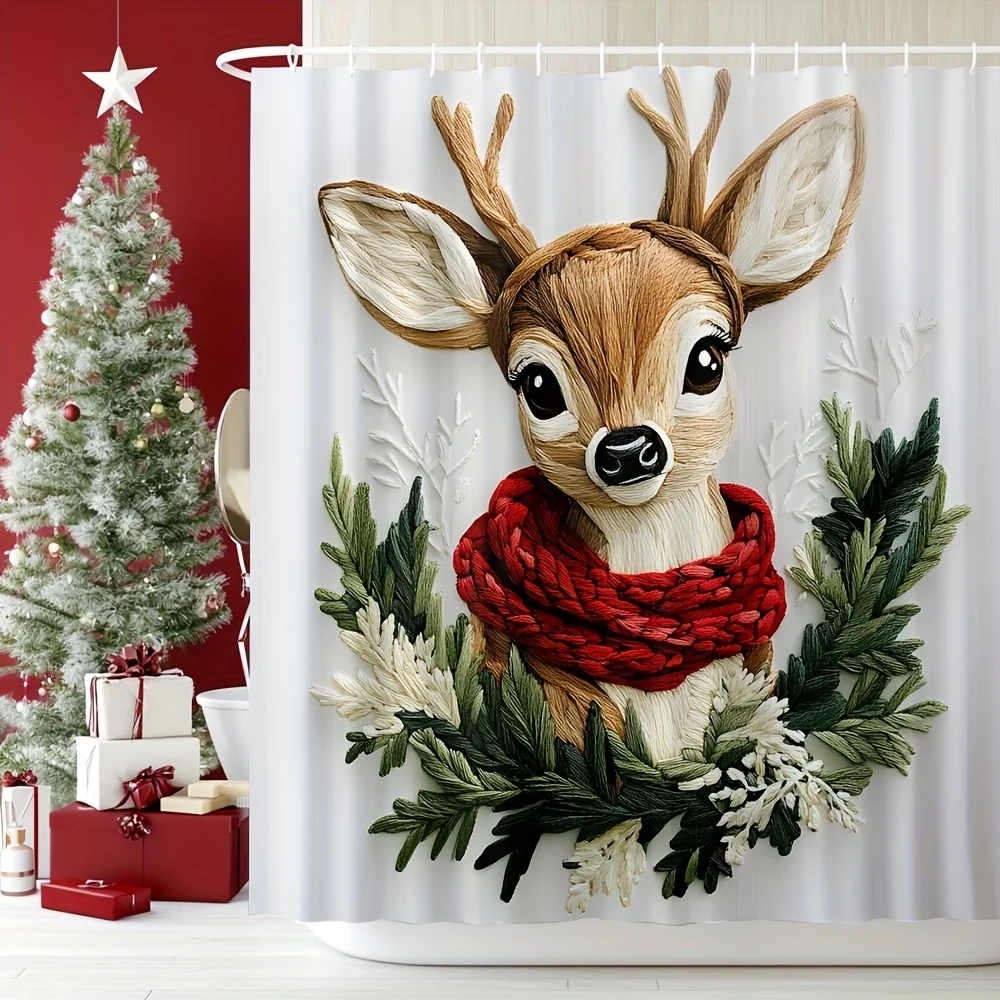 

1 шт. Занавеска для душа с Рождеством — очаровательный мультяшный олень с красным шарфом и зеленым венком, полиэстер, который можно стирать в машине, Wat