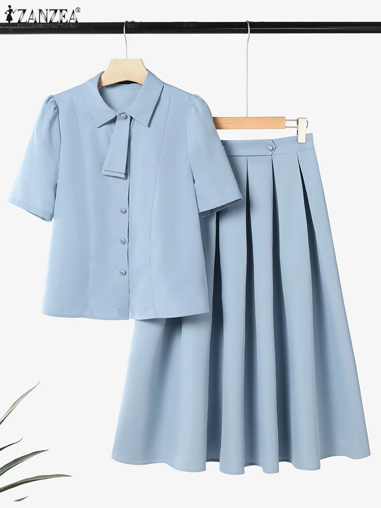 

Women 2pcsZANZEA Elegant OL Dress Sets 2025 Summer Short Sleeve Shirts Pleated A-line Long Skirt Casual Solid Two-piece Outfits
