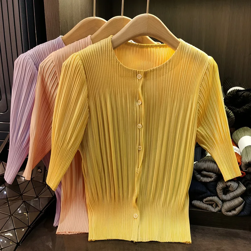 

Miyake плиссированная куртка Plisse, модный универсальный складной топ с круглым вырезом, женская летняя куртка 2025, тонкая плиссированная короткая куртка с тонкими складками