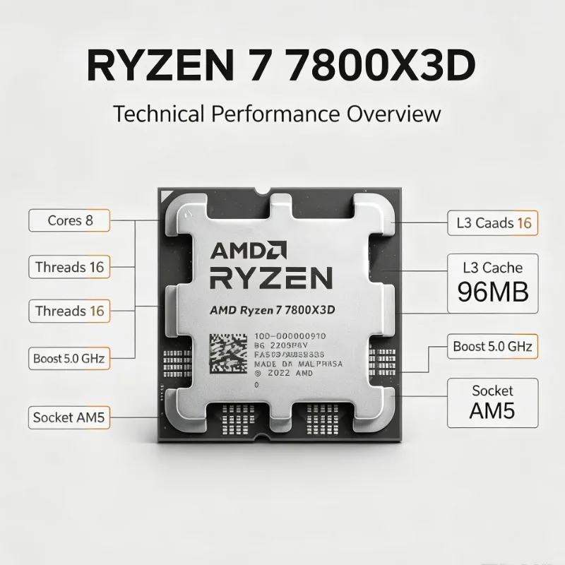 Ryzen 7 7800X3D 3D V‑Cache Desktop Processor 8‑Core 16‑Thread 5NM 4.2GHz Socket AM5 120W DDR5 No Fan