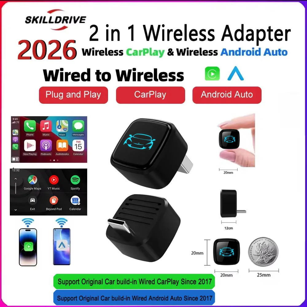 Skilldrive 2026 Mini CarPlay Wireless Android Auto Adattatore Tipo C AI Smart Box Sistema intelligente USB C per auto CarPlay cablata