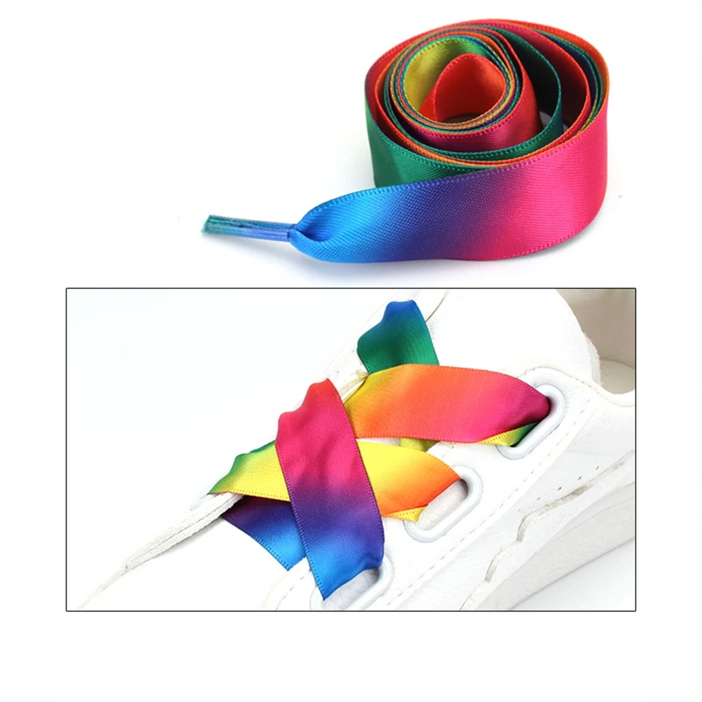 2 pares de cadarços de poliéster coloridos arco-íris design plano ideal para tênis sapatos gravata de sapato impressa brilhante