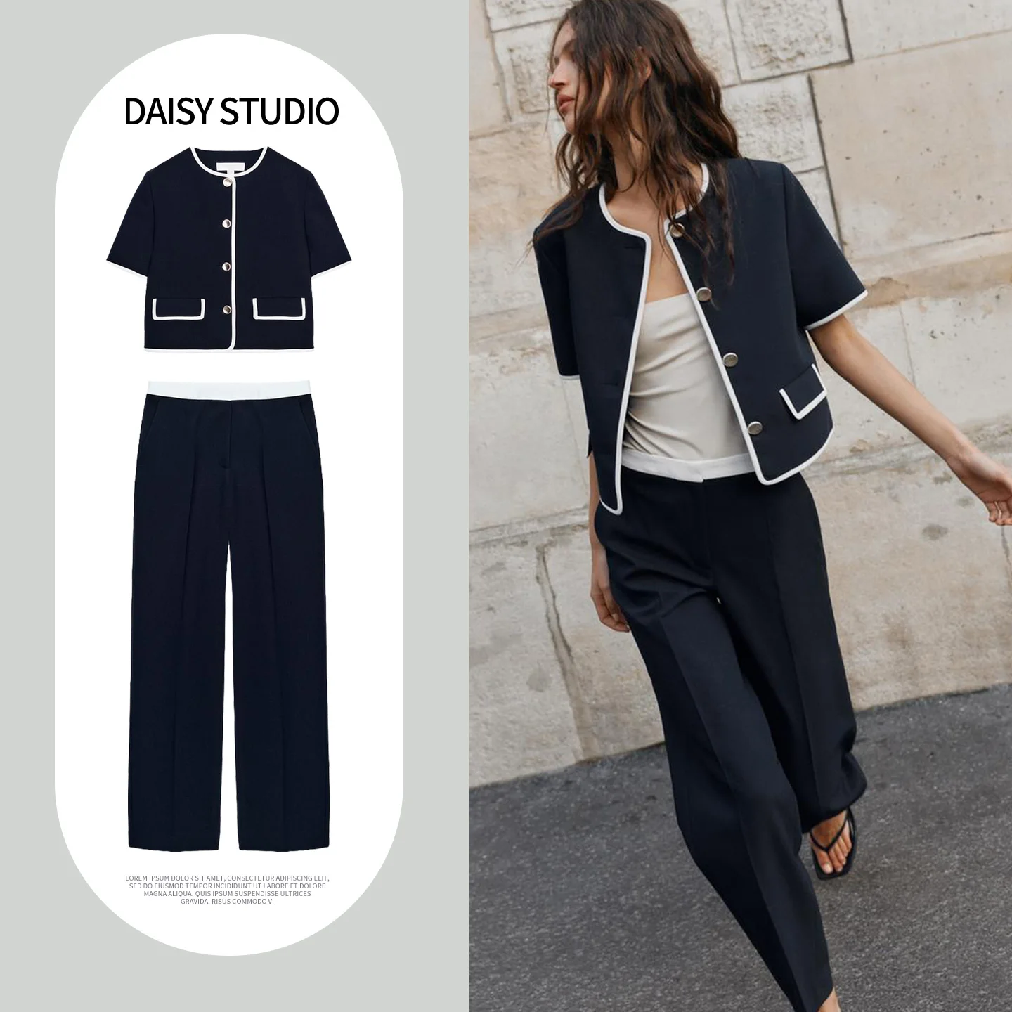 

Spring Summer New Short Sleeve Knitted Open Cardigan Top High Waist Color Block Casual Straight Leg Pants Fashion Set for Women