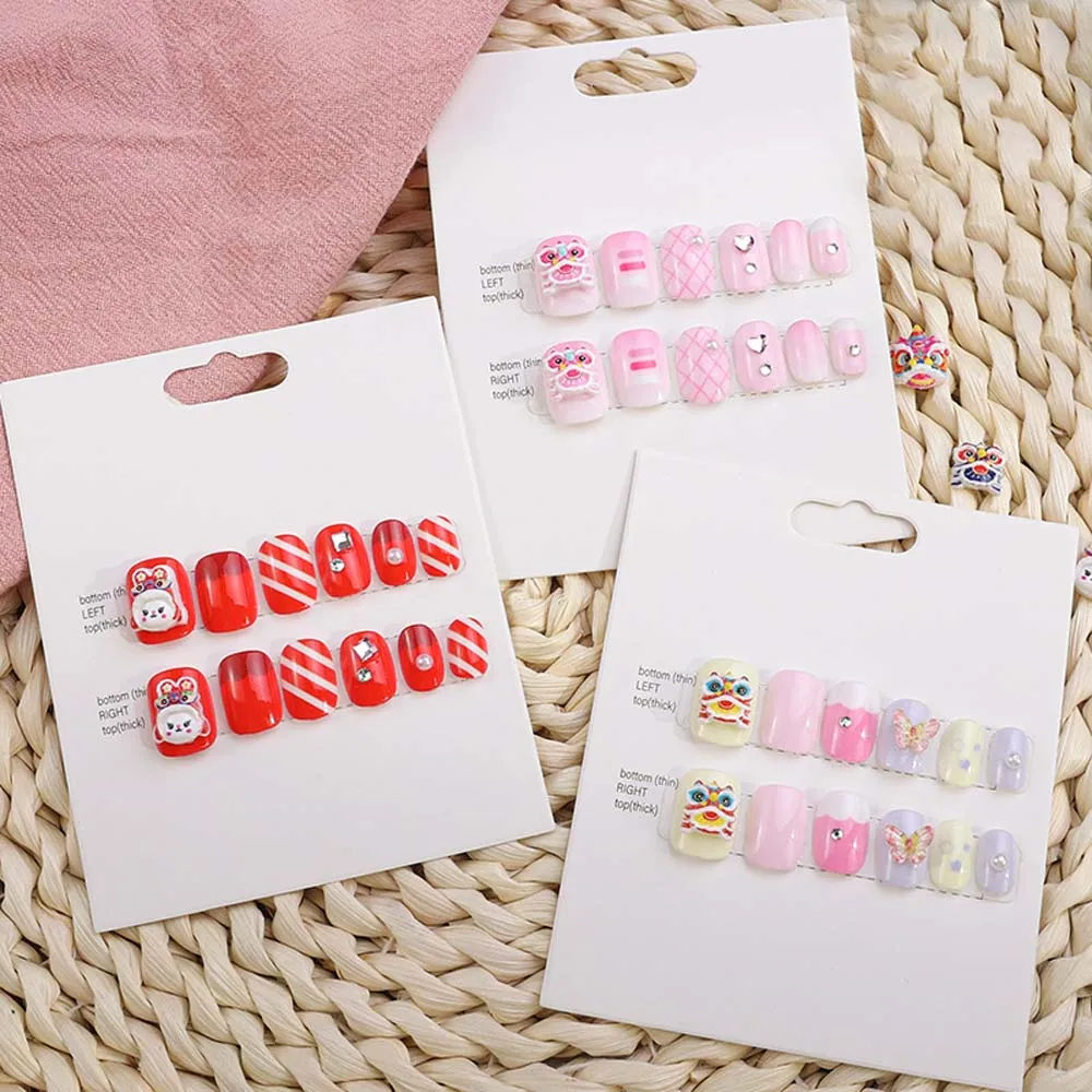 

12Pcs/set Lion Dance Children New Year False Nails Red Pink Color Short Square Shaped Cartoon Fake Nails Chinese New Year