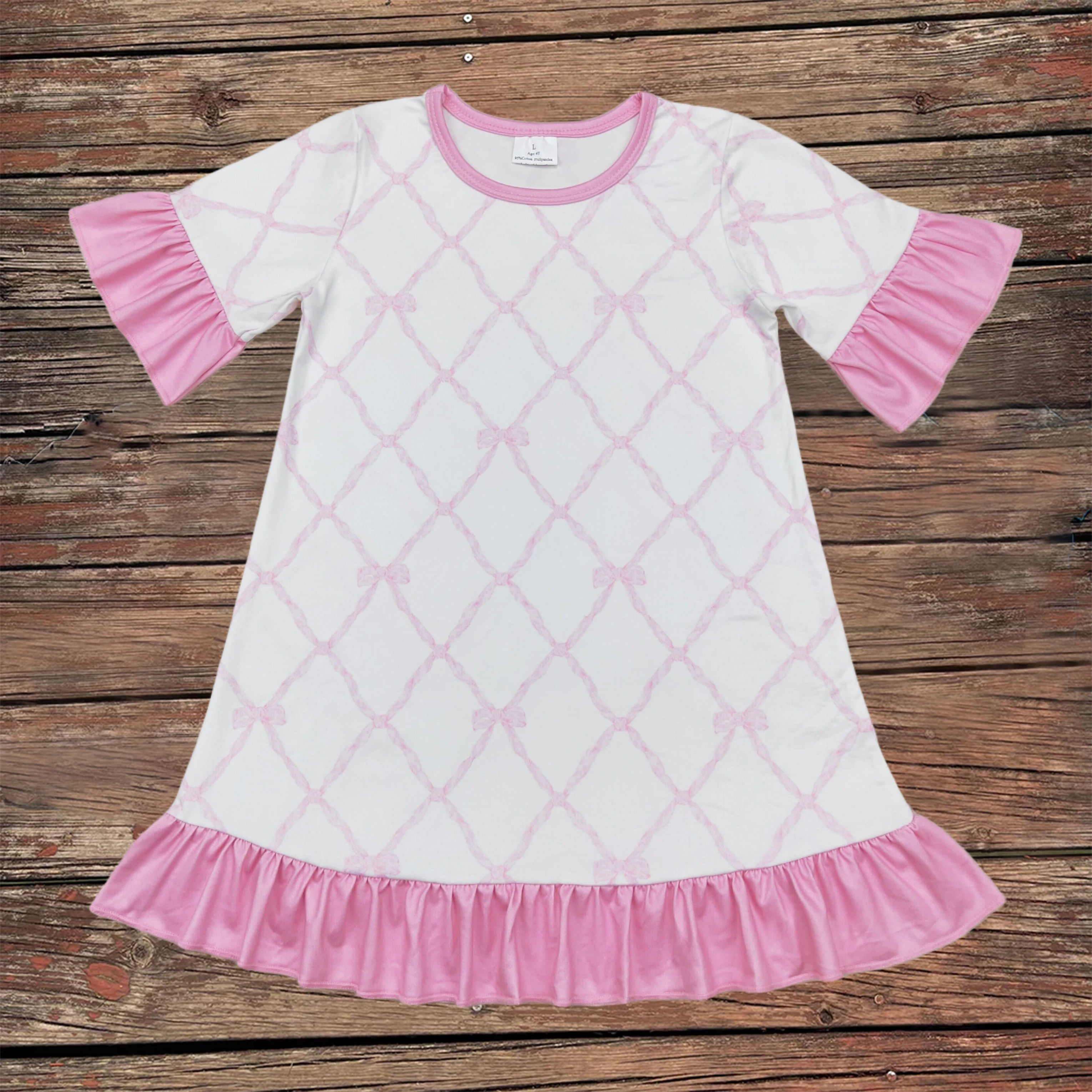 

Wholesale Baby Girls Pink Bows Ruffle Twirl Knee Length Dresses Toddler Infant Summer Kids Children One Piece Clothing Hot Sale