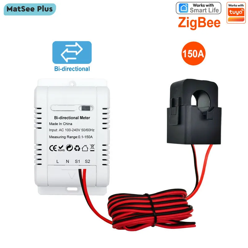 Smart Life BiDirectional ZigBee Energy Meter with 150A Clamp Current Sensor Solar PV Two Way App KWh Monitor 110V 240VAC