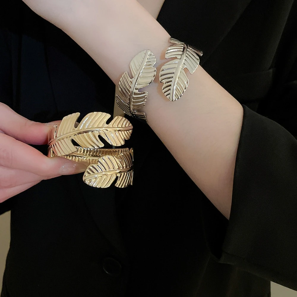 Simple Iron Wide Open Bangle Leaf Gold Silver Cuff Bangles Exaggerated Minority Design Exaggerated Bracelet Decoration