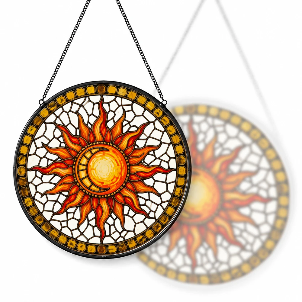 Stained Glass Suncatcher Round Tropical Sunset Beach Palm Tree Hibiscus Flower Window Hanging Decor Home Garden Gift