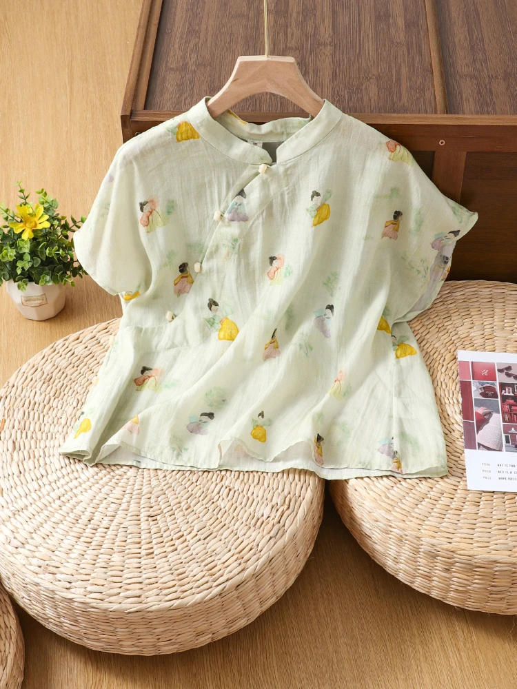 

Новый китайский женский хлопково-льняной однотонный воротник-стойка, лето 2022, о Све, пуговицы, свободный крой в стиле ретро, для поездок на работу